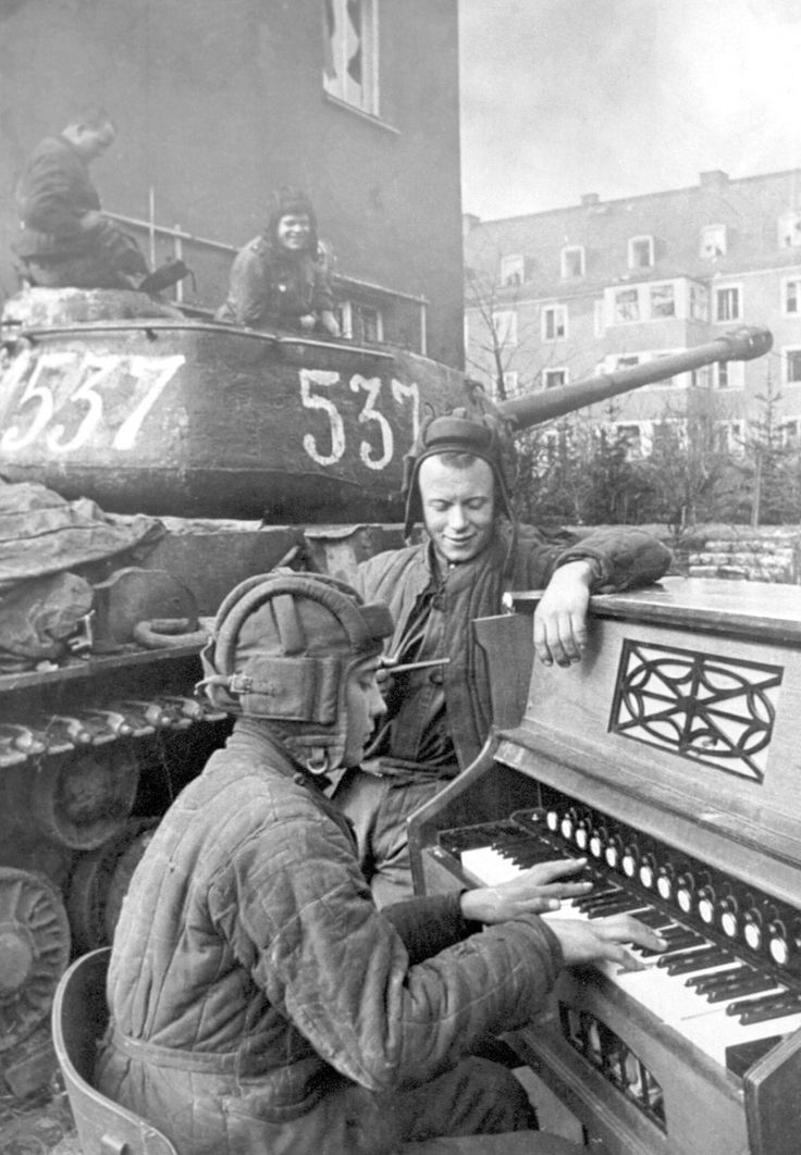 Soviet tank crew playing a piano